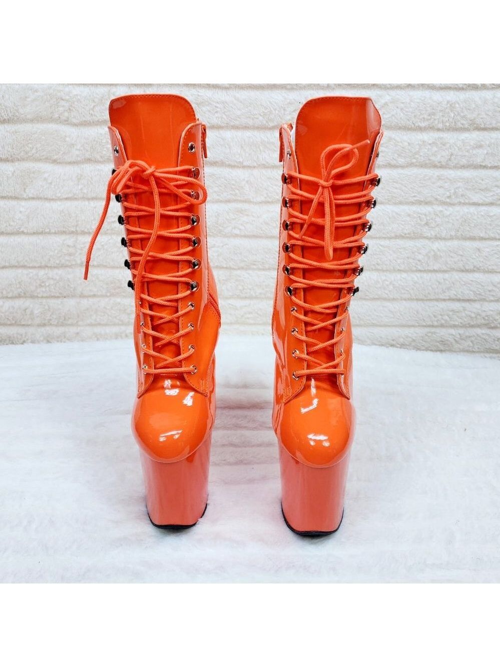 Flamingo Bright Orange Patent Towering 8" High Heel Platform Ankle Boots - Picture 6 of 11